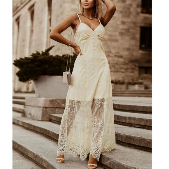 . Dresses & Skirts - Beige Elegant Button detailed Lace Overlay Cami maxi Dress
